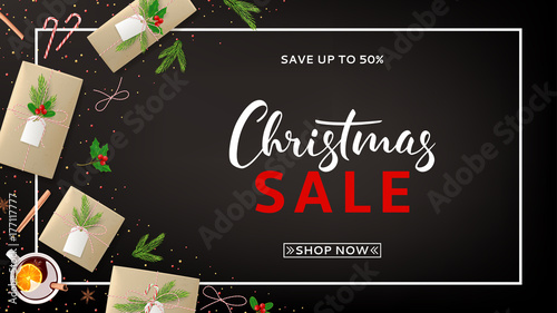Christmas Sale Web Banner with Xmas Decoration. Top View on Festive Composition with Paper Gift Boxes for Happy New Year. Beautiful Card with Lettering. Vector Illustration with Discount Offer.