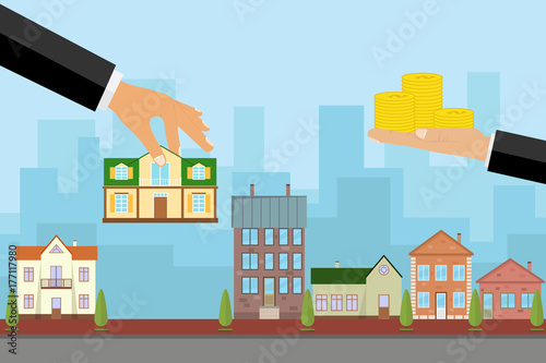 The agent sells the house in exchange for money, the hand holds the house and the other keeps the money