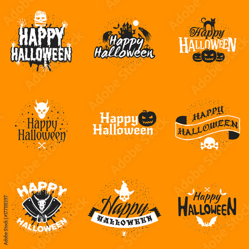Set of happy Halloween badges or labels. Vector design elements for greetings card, party flyer and promotional materials. Vector illustration