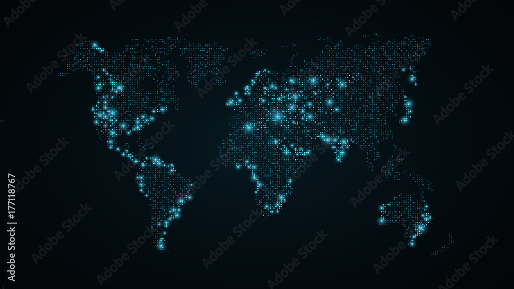 Abstract world map. Blue map of the earth from the square points. Dark blue background. Blue lights. High tech. Sci-fi technology. Big cities. Global network. Vector illustration