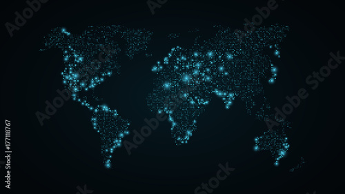 Fototapeta Naklejka Na Ścianę i Meble -  Abstract world map. Blue map of the earth from the square points. Dark blue background. Blue lights. High tech. Sci-fi technology. Big cities. Global network. Vector illustration