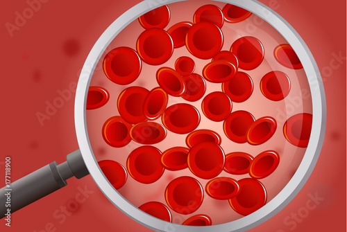 Magnifying glass for looking red blood cells. Illustration about medical test.