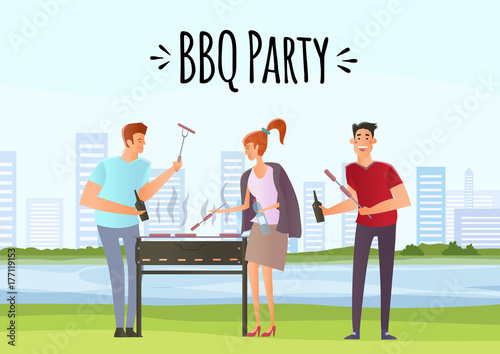 People on picnic or Bbq party. Young Man and woman cooking steaks and sausages on grill. Vector illustration.