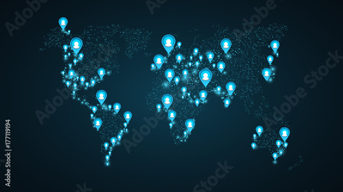 Geolocation of users on the world map. Planet Earth. America, Asia, Africa, USA. Blue markers with user icons. Map of points. Global network. The world population. Blue glow. Vector illustration