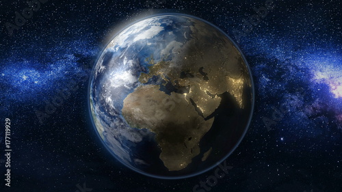 Planet Earth in black and blue Universe of stars. Milky Way in the background. Day and night city lights changes. Africa and Europe zone. 3D Animation. Elements of this image furnished by NASA