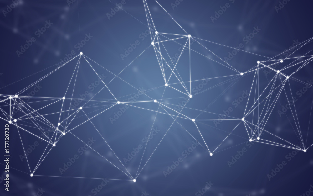 3D Abstract Polygonal Space Blue Background with White Low Poly Connecting Dots and Lines. Endless Mesh Representing Internet Connections in Cloud Computing. 3D Abstract Polygonal Space Blue Background with White Low Poly Connecting Dots and Lines. Endless Mesh Representing Internet Connections in Cloud Computing.