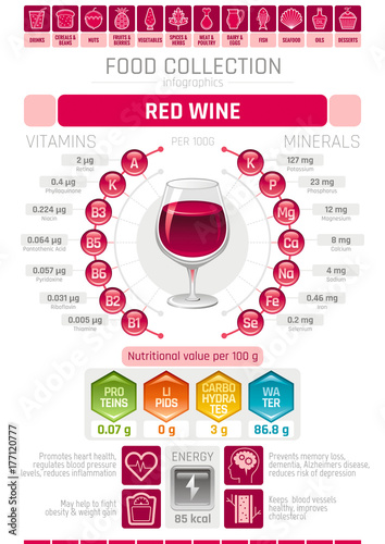 Food infographics poster, red wine alcohol drink vector illustration. Healthy eating icon set, diet design elements, vitamin mineral supplement chart, protein, lipid, carbohydrates, diagram flat flyer