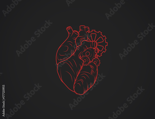 Human mechanical heart sketch. Anatomical heart illustration with wheels isolated. Enraved.