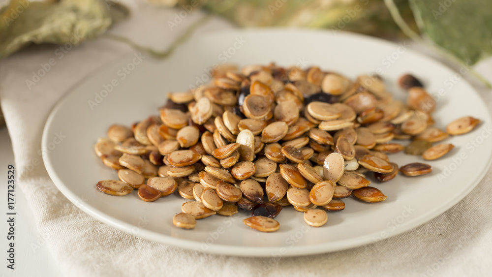 Closeup of fried pumpkin seeds. Closeup of fried pumpkin seeds.