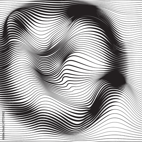 Distorted wave monochrome texture. Abstract dynamical rippled surface. Vector stripe  deformation background. Distress glitch effect.