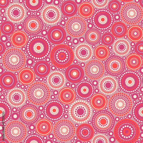 Seamless pattern made of circles and dots painted in red colors. Objects grouped and named in English. No mesh, gradient, transparency used.