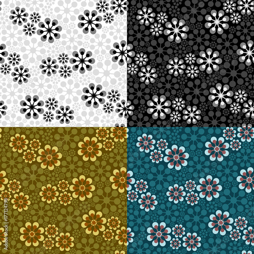 Seamless pattern made of abstract flowers groups. Painted in 4 different ways.