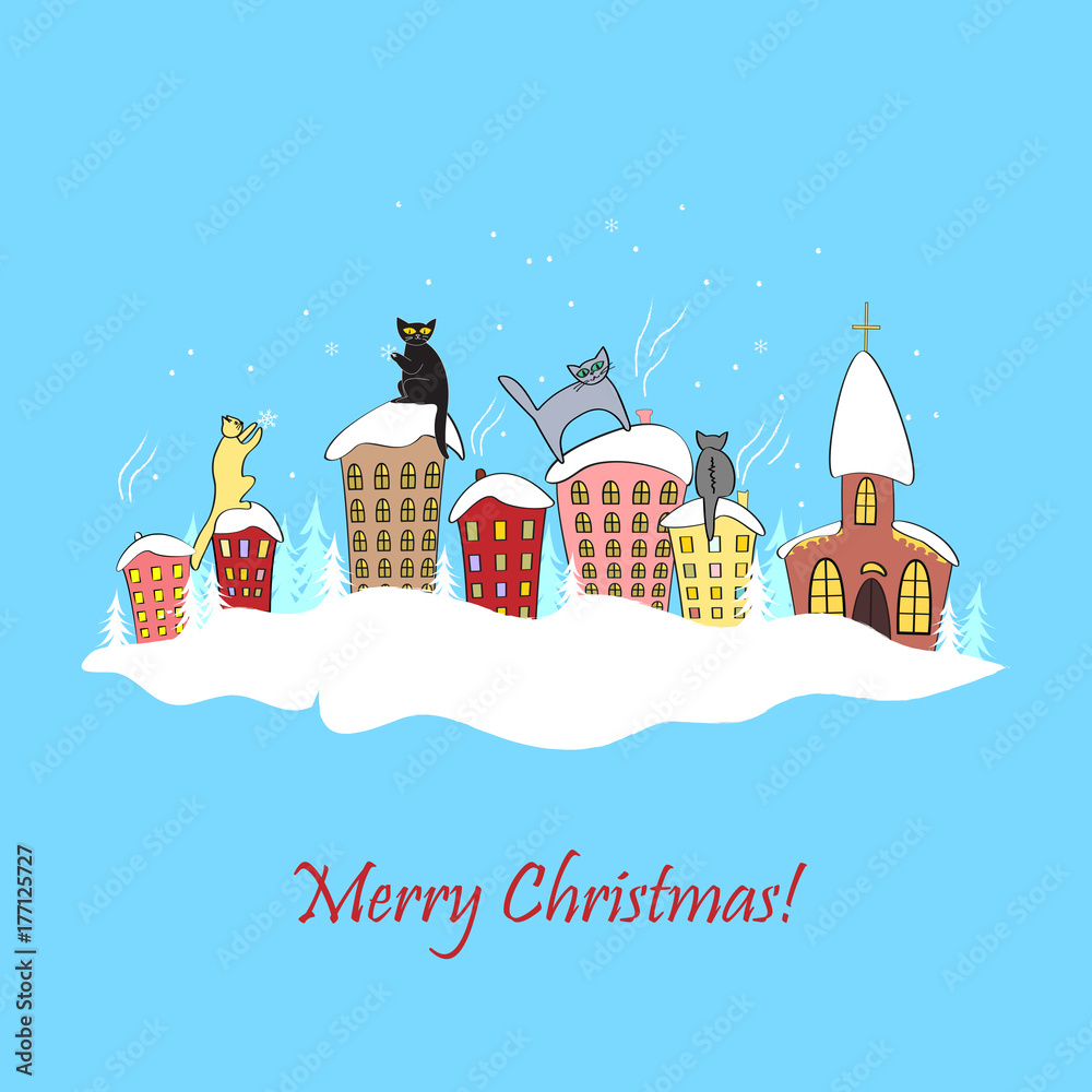 Cartoon christmas card design with cats in silhouettes sitting on the top of the roof watching snowflakes