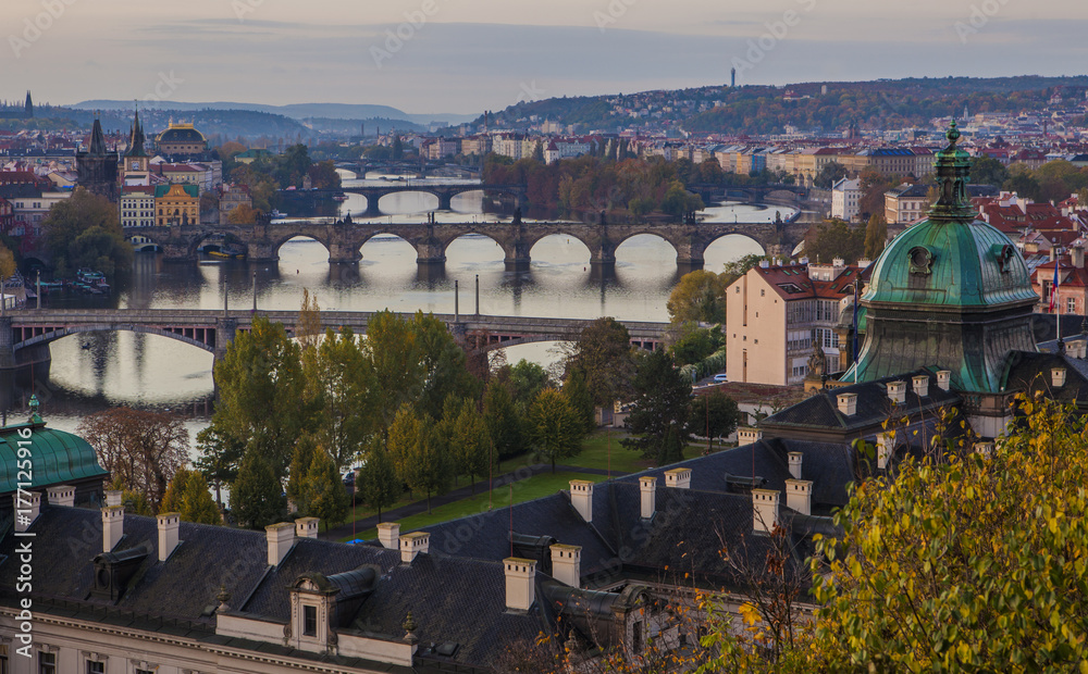 Autumn in Prague. View of Prague, the Vltava River and Prague bridges.