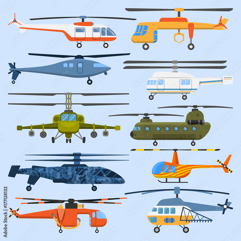 Helicopter air transport propeller aerial vehicle flying modern aviation  military civil copter aircraft vector illustration flat design.  Stock-Vektorgrafik | Adobe Stock