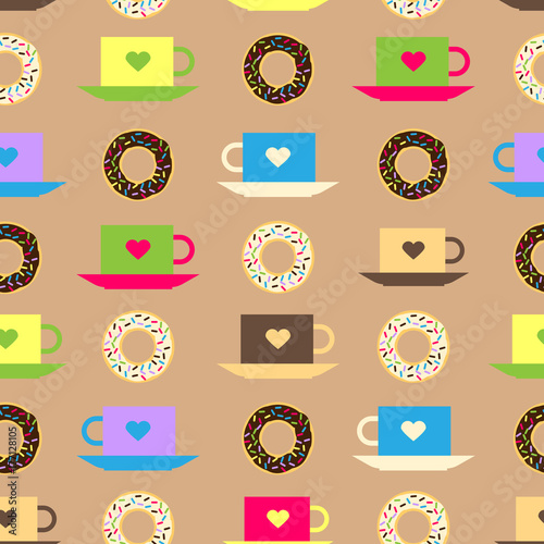 Seamless pattern with coffee and chocolate glazed donut background vector texture donut food illustration.
