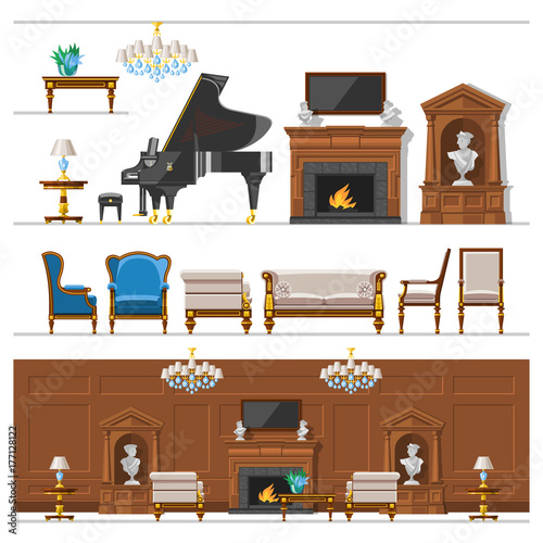 VIP vintage interior furniture rich wealthy house room with sofa set brick wall background vector illustration.