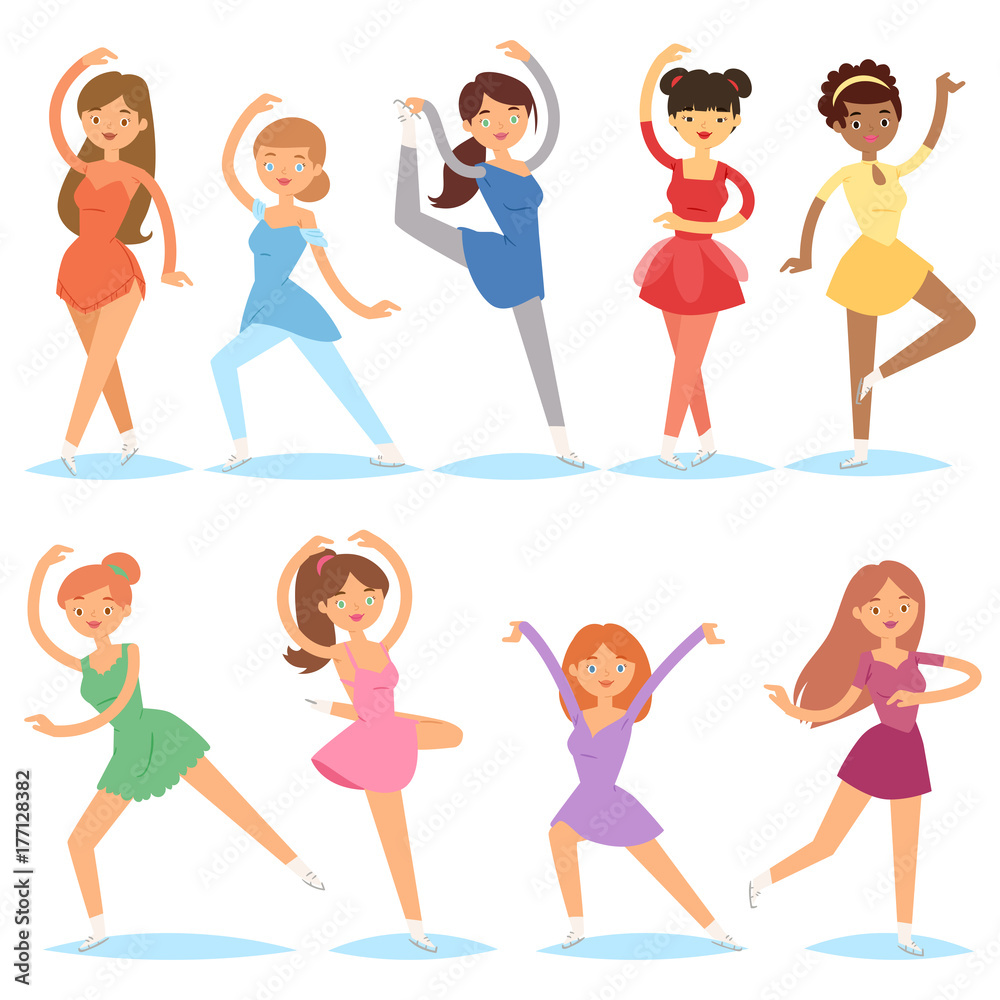 Figure ice skater women beauty sport girls doing exercise and tricks jump characters dancer people performance vector illustration. Figure ice skater women beauty sport girls doing exercise and tricks jump characters dancer people performance vector illustration.