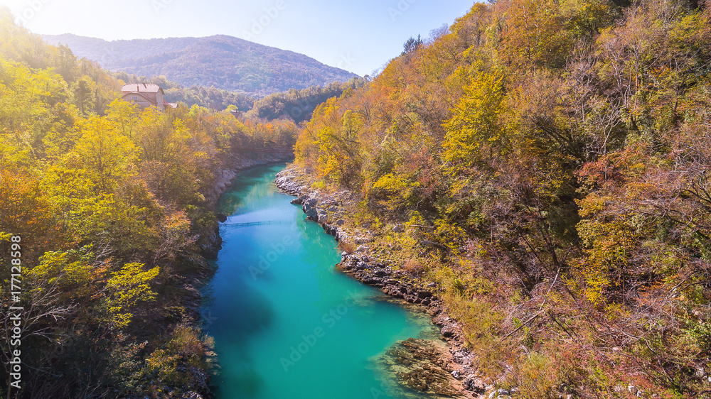 Aerial Drone view of Soca - Isonzo river in the Triglav National Park Slovenia Aerial Drone view of Soca - Isonzo river in the Triglav National Park Slovenia