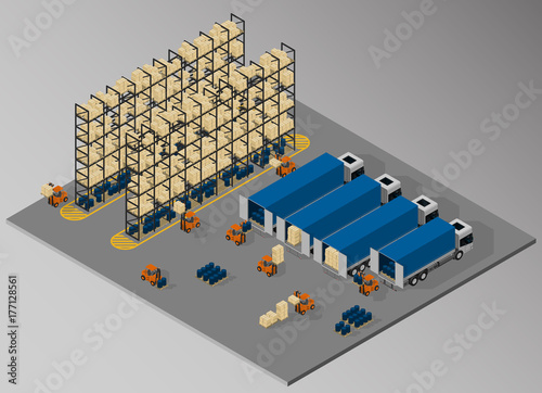 Vector isometric illustration of interior of warehouse and unloading of delivery vehicles. Equipment for cargo delivery.
