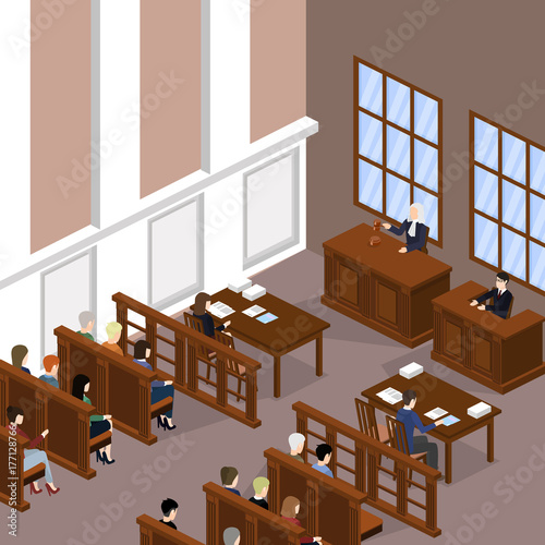 Isometric 3D vector illustration concept the judge conducts the trial.