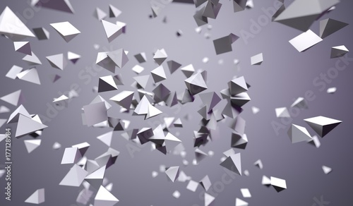 3D Rendering Of Abstract Flying Chaotic Pyramids On Grey Background