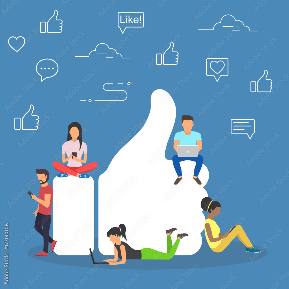 Φωτογραφία Like. Flat design of guys and women near big symbol