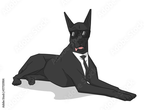 Isolated illustration of black great dane lying wearing business suit and sunglasses in colr