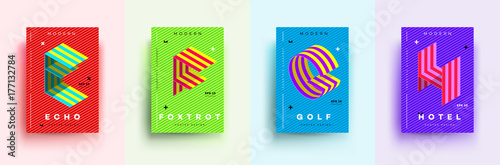 Modern Typographic Colorful Covers. Isometric Letters E, F, G, H With Abstract Memphis Design Background. Vector Trendy Template For Your Posters, Banners, Presentations, Layouts