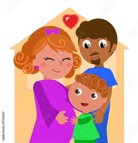 Mixed races family with pregnant mother, vector illustration