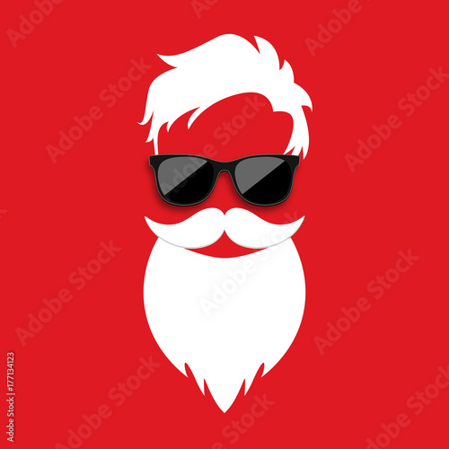 Happy New Year and Merry Christmas. Santa Claus with fashionable haircut in dark hipster sunglasses. Vector illustration.