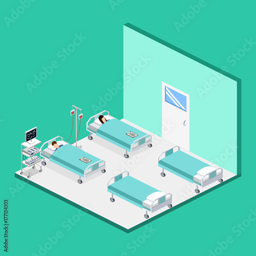Isometric 3D vector illustration interior of hospital room with patient and dropper