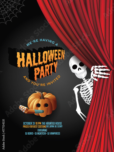 Halloween party background with pumpkins and skeleton. EPS 10 vector illustration.