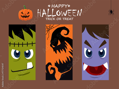 Vintage Halloween poster design with vector monster, vampire, ghost character. 