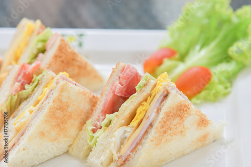 Sandwiches breakfast with salad and tomato on the white plate