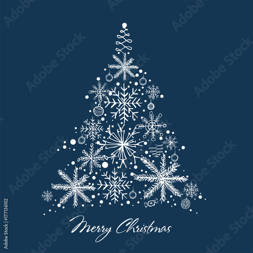 Christmas and New Year. Vector greeting card with Christmas tree. Hand drawn