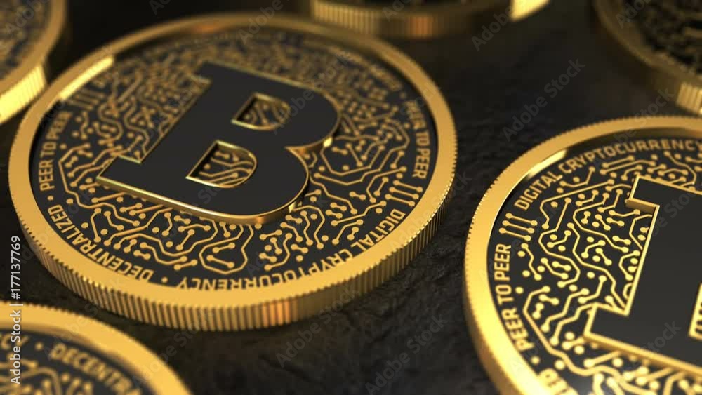 3D rendering of a gold coin similar to Bitcoin, blockchain technology for cryptocurrency. 