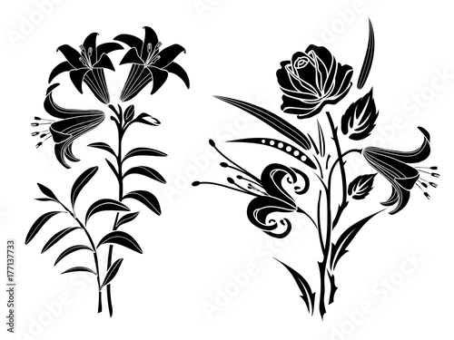 Rose and lily tattoo. Silhouette of flowers and leaves on a white background.