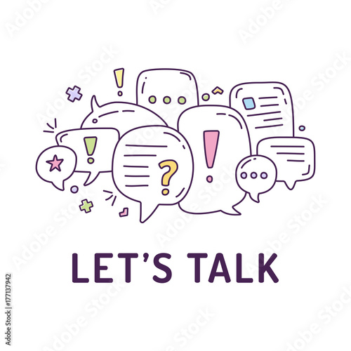 Vector illustration of colorful dialog speech bubbles with icons and text let s talk on white background. Safety communication technology concept. Thin line art flat design of mobile technology