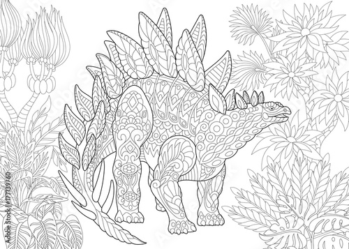 Wallpaper Mural Coloring page of stegosaurus dinosaur of the Jurassic and early Cretaceous periods. Freehand sketch drawing for adult antistress coloring book in zentangle style. Torontodigital.ca