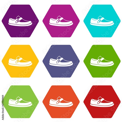 Men moccasin icon set color hexahedron
