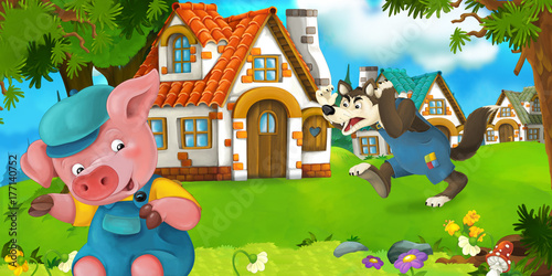 Fototapeta Naklejka Na Ścianę i Meble -  Cartoon scene pig farmer near traditional village and angry wolf is going in his direction - illustration for children