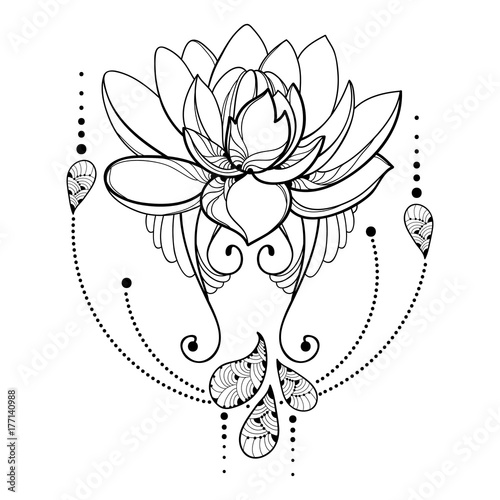 Vector drawing with outline Lotus flower, decorative lace and swirls in black isolated on white background. Floral abstract composition with ornate lotus in contour style for tattoo design. 