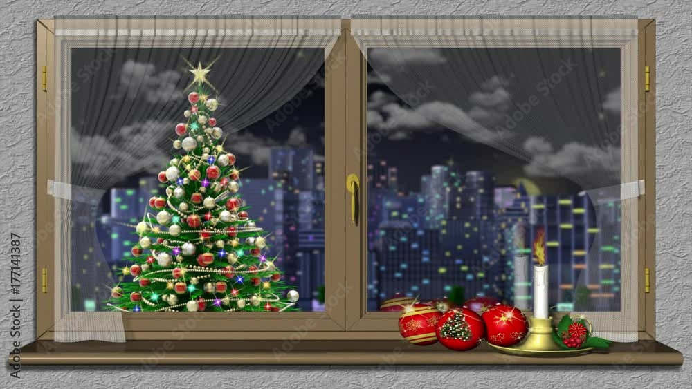 Animazione illustrazione 3D. Natale alla finestra. Finestra con candela. Albero di Natale illuminato su sfondo città..