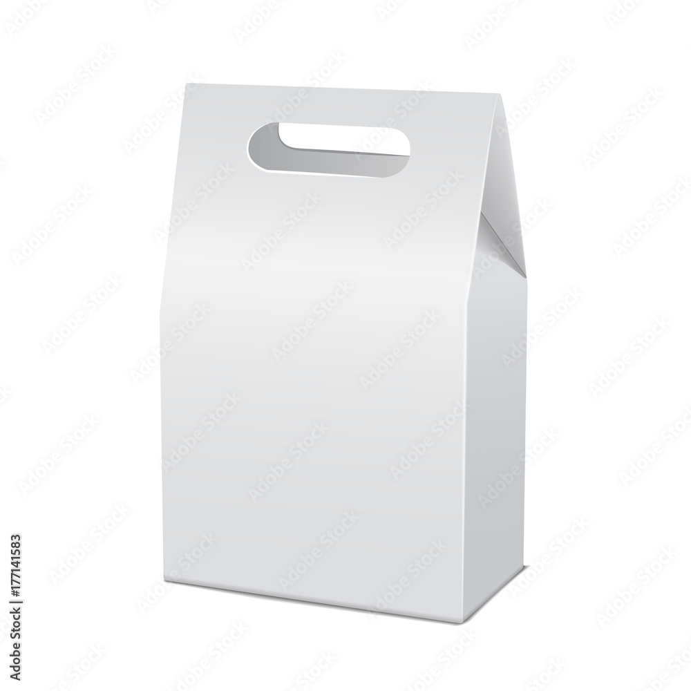 Realistic white 3d model cardboard take away food box mock up. Empty product container template, isolated vector illustration Realistic white 3d model cardboard take away food box mock up. Empty product container template, isolated vector illustration