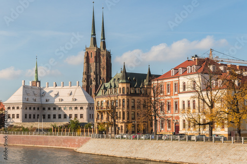 View of the historical architecture on the Cathedral Island across the Oder river in Wroclaw, Poland