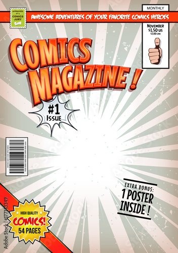 Comic Book Cover Template/Illustration of a cartoon editable comic book cover template, with super hero character flying, titles and subtitles to customize, and wrong bar code and label
