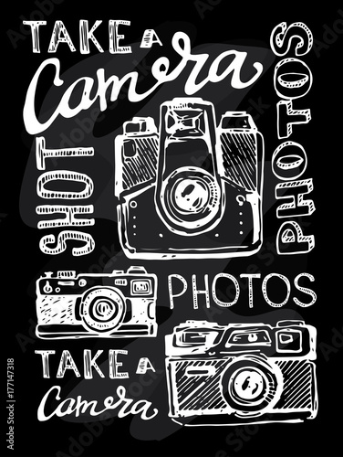 Hand drawn vector retrocamera. Take a good shot! photo