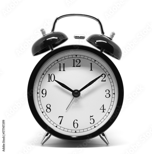 Alarm old clock retro, vintage, style isolated on white background. black and white photo