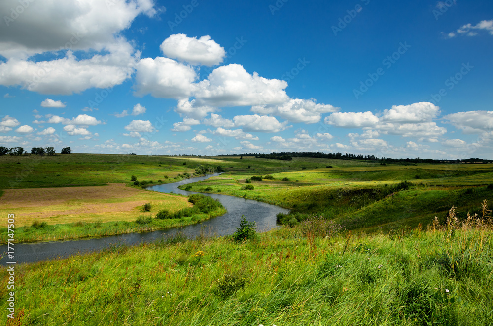 Sunny summer landscape.River Upa in Tula region, Russia 